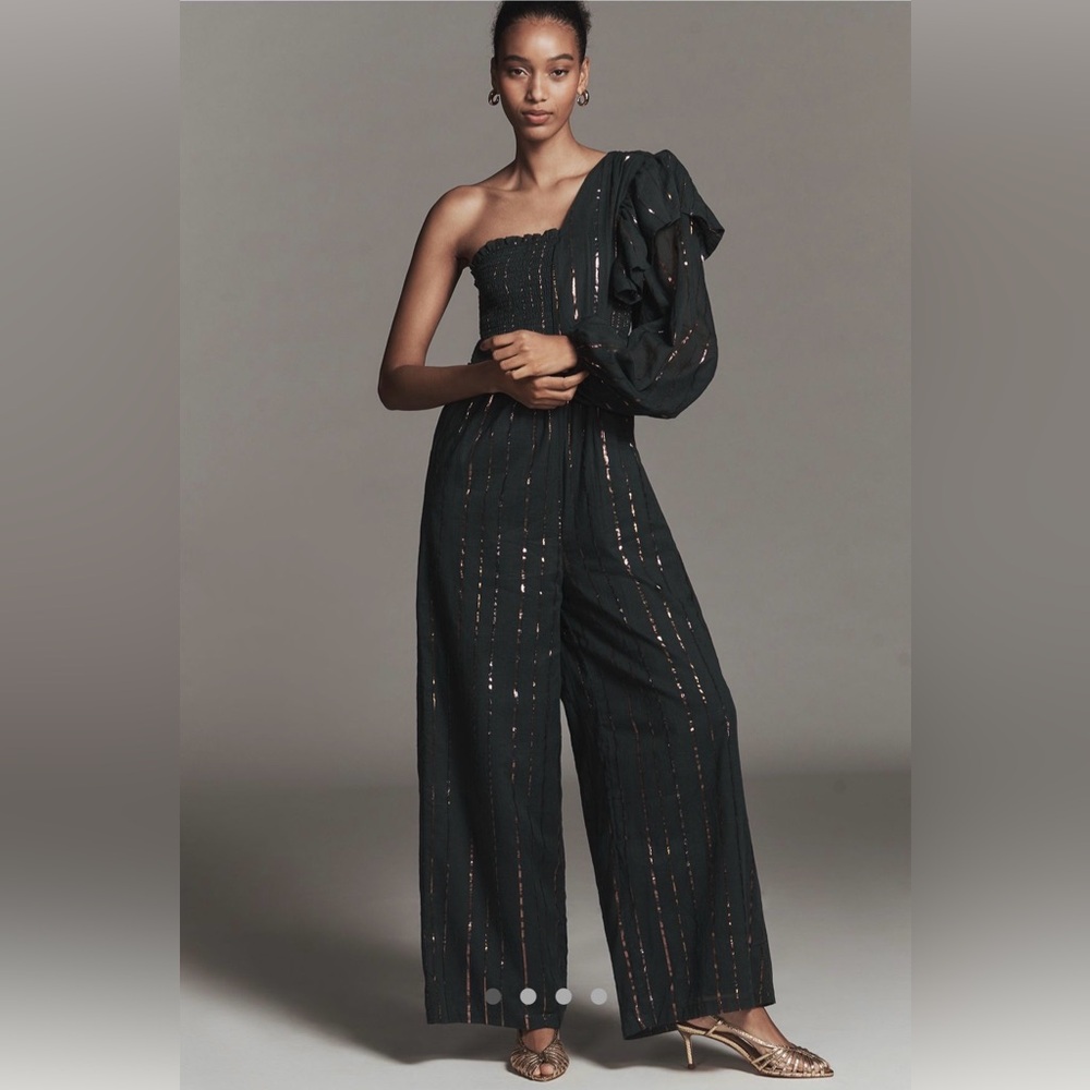 NWT Farm Rio x Anthropologie One-Shoulder Wide-Leg Jumpsuit in Black XS
